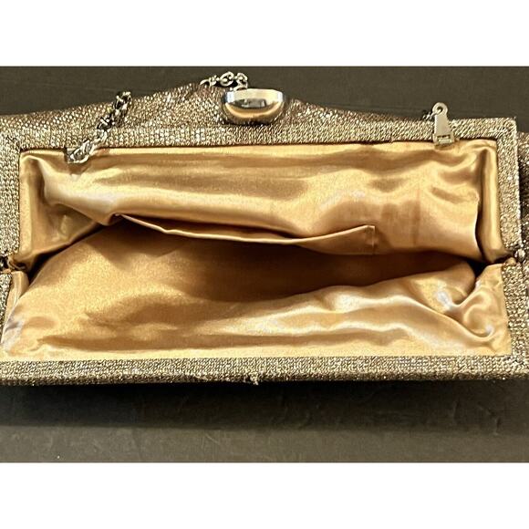 Jessica McClintock Glitter & Shine Evening Clutch Handbag Gold Satin Lining - Picture 12 of 12